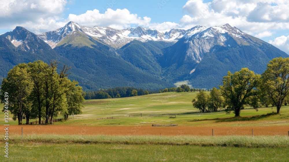 Obraz premium Majestic snowcapped mountains overlook a serene green valley