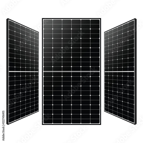 Illustration of three black solar panels with grid patterns, symbolizing renewable energy and sustainable technology. Clean, modern design highlighting eco-friendly solutions and solar power.