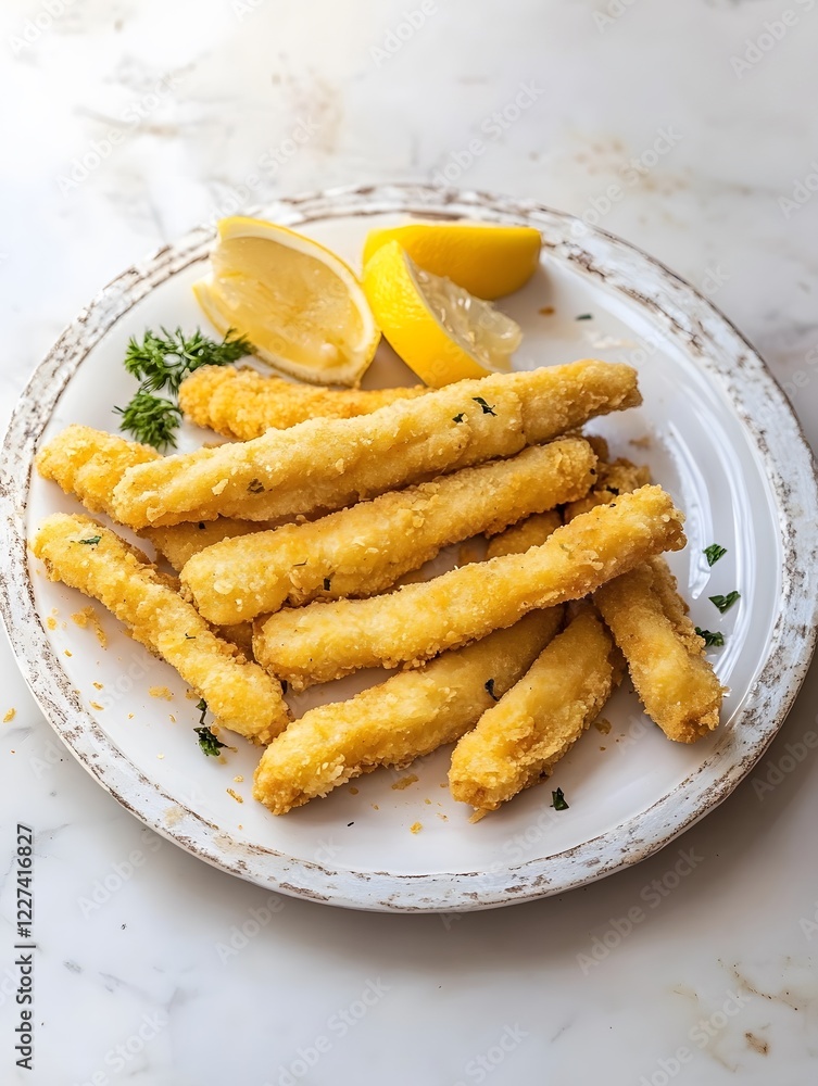 Crispy Fried fish gourmet fishsticks seafood with lemon and parsley on a plate Crispy Fried fish gourmet fishsticks seafood with lemon and parsley on a plate
