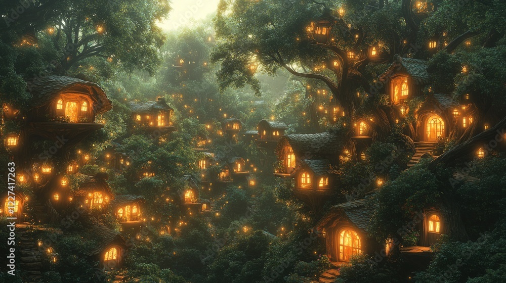 Naklejka premium Enchanting Treehouse Village Illuminated by Glowing Lights in a Mystical Forest at Dusk