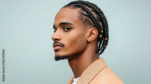 Fashion hair cut creative concept. Confident Man with Braided Cornrows and Golden Beaded Accessories