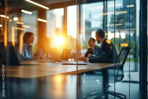 Group of people are sitting around a table in a conference room