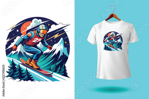 Winter sports t shirt design vector illustration, Snowboarder is having fun riding down a snowy mountainside in a cool, vintage style illustration. This design is perfect for winter sports enthusiasts