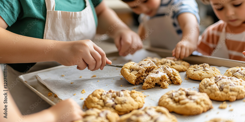 Children Observing Baking Sheet of Chocolate Chip Cookies with Icing Children Observing Baking Sheet of Chocolate Chip Cookies with Icing