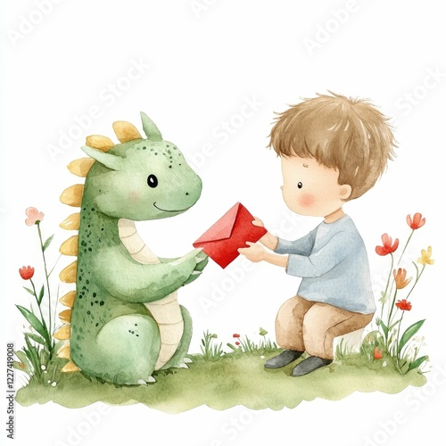 Whimsical watercolor of a young boy and a green dragon cub exchanging red envelopes surrounded by a cheerful field of colorful flowers in a fantasy inspired scene