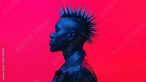 Fashion hair cut creative concept. Striking Mohawk Styled Male Portrait in Vibrant Blue and Red