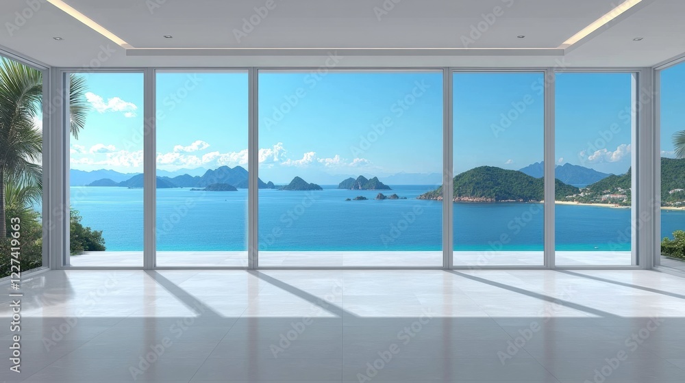 Fototapeta premium Spacious Interior with Large White Frames and Stunning Ocean View through Floor-to-Ceiling Windows in Bright Sunlight
