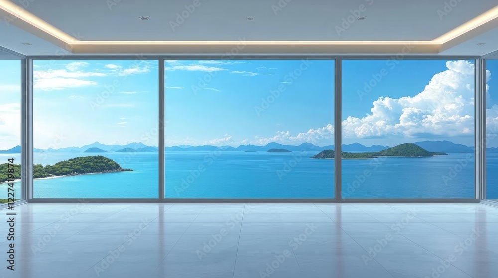 Spacious Interior with Large Floor-to-Ceiling Windows Framing a Breathtaking Ocean View and Clear Blue Sky in Modern Design Spacious Interior with Large Floor-to-Ceiling Windows Framing a Breathtaking Ocean View and Clear Blue Sky in Modern Design