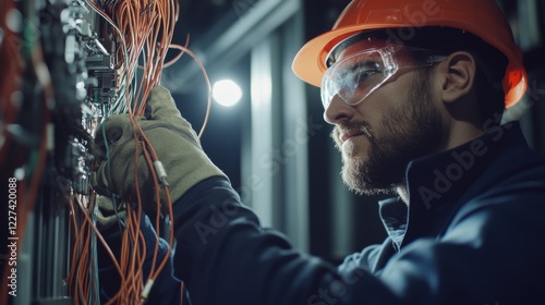 A close-up of an electrician working on a complex wiring system, wearing safety gear and using specialized tools, Electrical maintenance scene