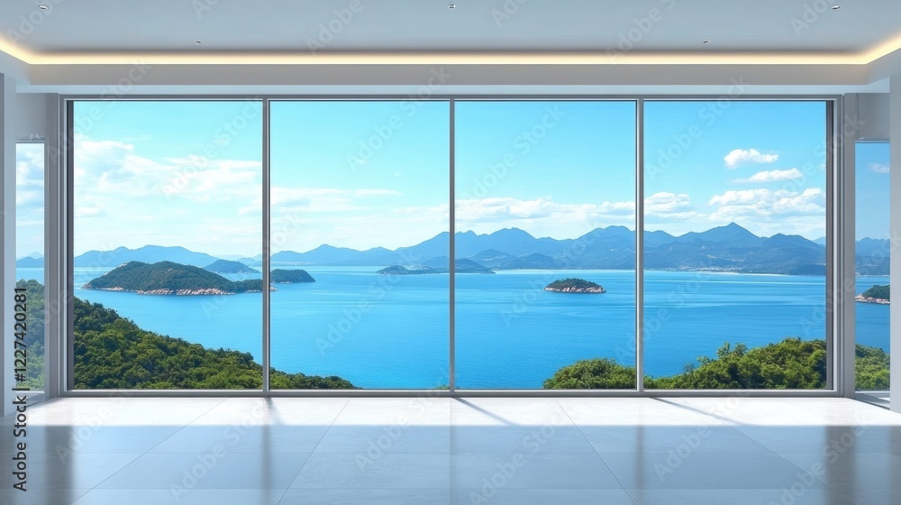 Naklejka premium Spacious Modern Interior with Large Floor-to-Ceiling Window Framed in White, Offering Stunning View of Blue Ocean and Island Mountains