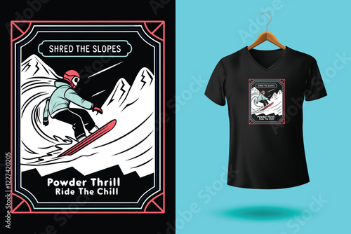 Winter sports t shirt design vector illustration, Snowboarder is having fun riding down a snowy mountainside in a cool, vintage style illustration. This design is perfect for winter sports enthusiasts