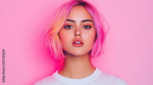 Wallpaper Mural Fashion hair cut creative concept. Vibrant Electric Hair Pixie Cut Portrait of Stylish Young Woman in Pink Studio Torontodigital.ca