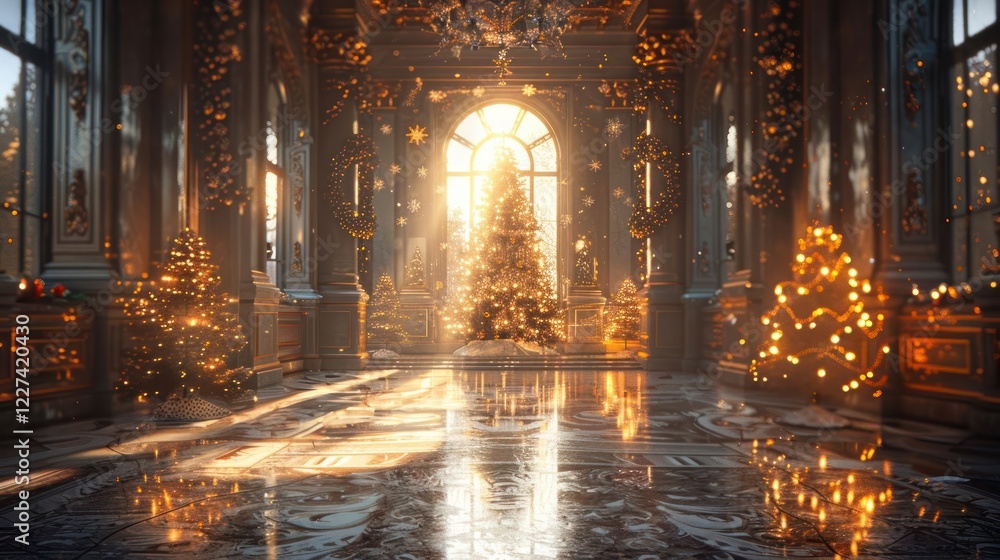 Naklejka premium Festive holiday scene in an ornate hall with a beautifully decorated Christmas tree and warm lighting