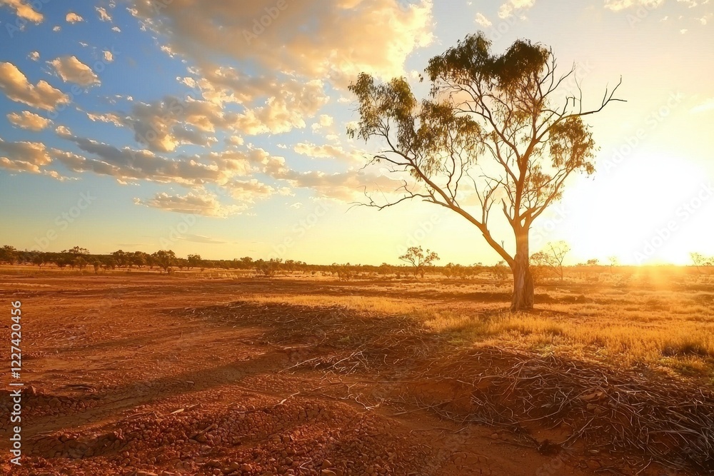 Obraz premium A severe drought affecting farmland, with cracked earth and wilted crops under a scorching sun.