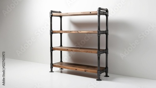 Upcycling recycling transformation. A rustic wooden shelf with four tiers, supported by industrial metal frames, complementing modern decor.