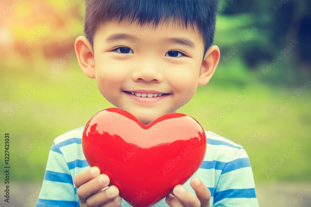 Sign of love. Сhildren valentine's day greeting card: child boy with happy face holds red heart in hands. Commercial ad campaign conceptual art. Family together on valentine's. Love with kids. Sign of love. Сhildren valentine's day greeting card: child boy with happy face holds red heart in hands. Commercial ad campaign conceptual art. Family together on valentine's. Love with kids.