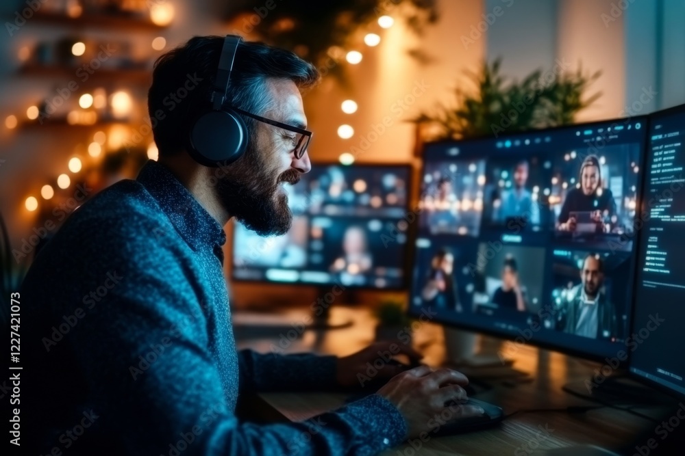 A consultant conducting a virtual meeting, with a headset and multiple screens showing data and clients on a video call A consultant conducting a virtual meeting, with a headset and multiple screens showing data and clients on a video call