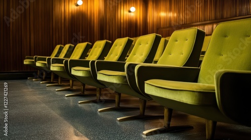 Row of vintage green chairs in empty retro theater auditorium interior seating photo