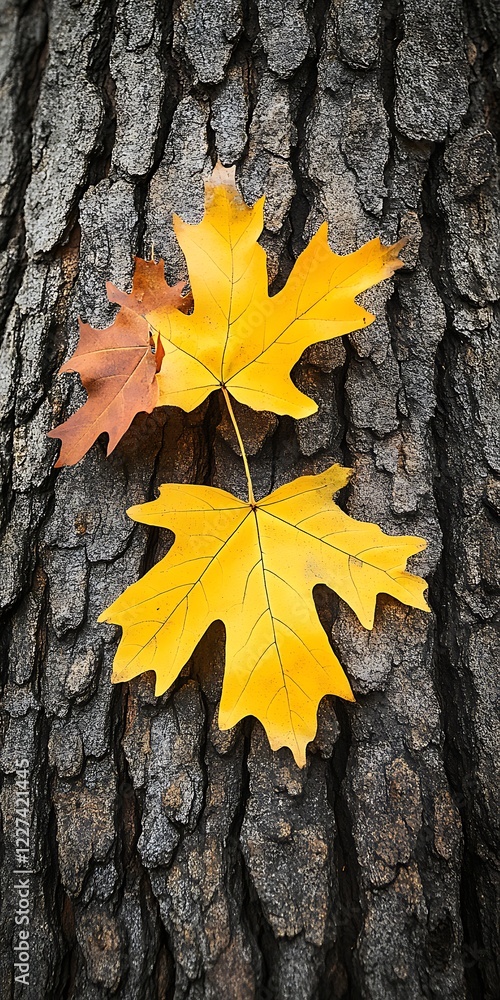 Autumn leaves on bark, forest background Autumn leaves on bark, forest background