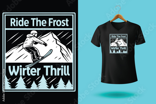 Winter sports t shirt design vector illustration, Snowboarder is having fun riding down a snowy mountainside in a cool, vintage style illustration. This design is perfect for winter sports enthusiasts