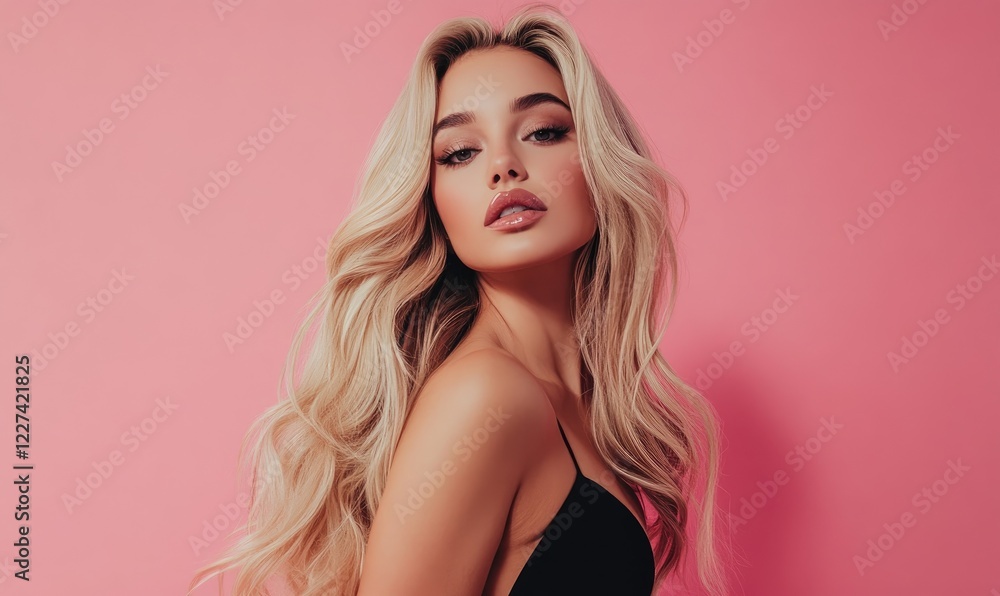 A beautiful woman with long, flowing hair in an elegant hairstyle, posing against a pink background for the beauty industry advertisement. A beautiful woman with long, flowing hair in an elegant hairstyle, posing against a pink background for the beauty industry advertisement.