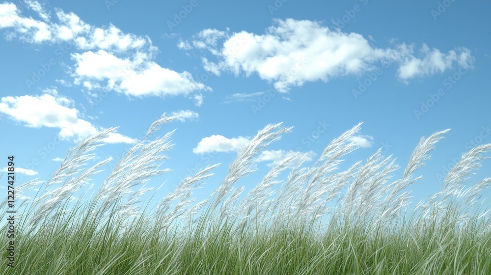 White grass sways gently under a bright blue sky, fluffy clouds drift peacefully. Ideal for peaceful scenes White grass sways gently under a bright blue sky, fluffy clouds drift peacefully. Ideal for peaceful scenes