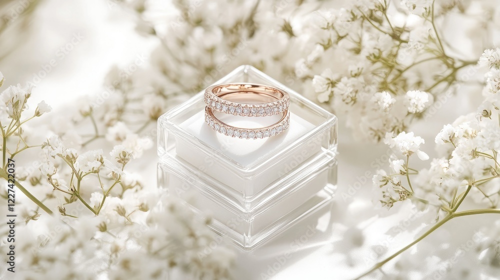 Fototapeta premium A shot of diamond wedding rings in a small glass box, placed against a soft background of white flowers.