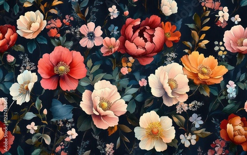 Fototapeta Naklejka Na Ścianę i Meble -  seamless floral pattern watercolor roses peonies botanical garden pink flowers leaves branches background