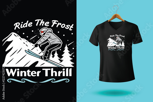Winter sports t shirt design vector illustration, Snowboarder is having fun riding down a snowy mountainside in a cool, vintage style illustration. This design is perfect for winter sports enthusiasts