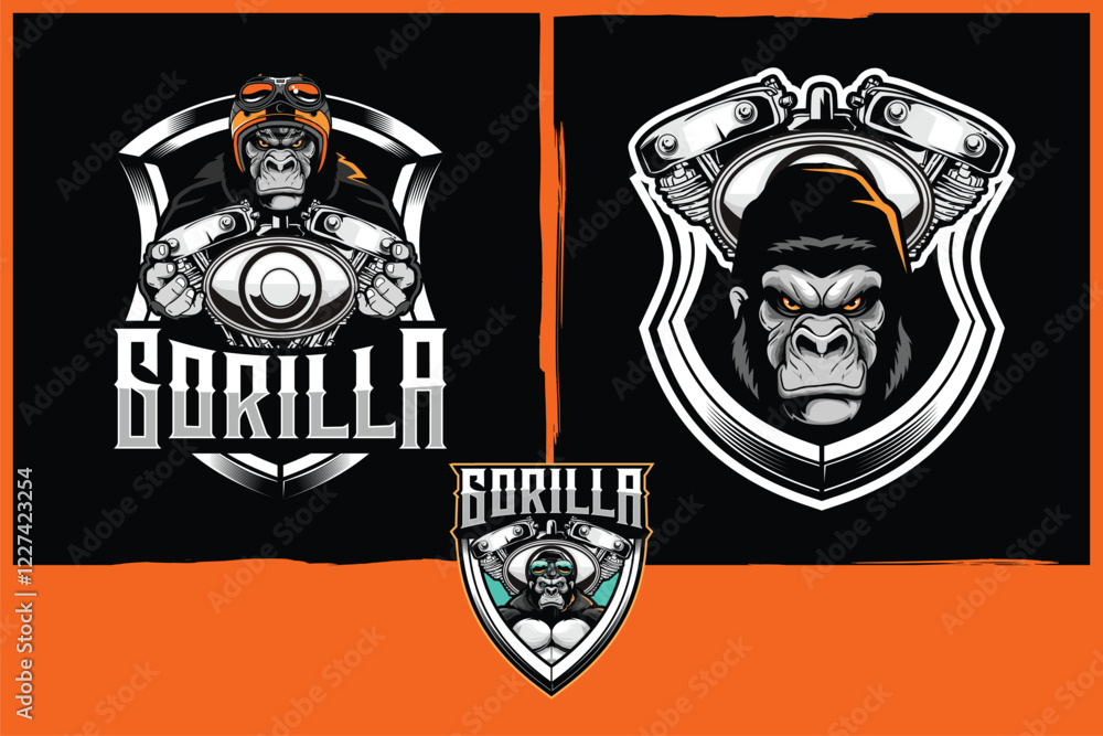 Obraz premium Gorilla head with motorcycle engine cartoon character vector image template