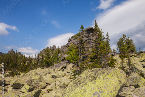 Remnants pillars, Mount Zelenaya. Sheregesh, Russia photo