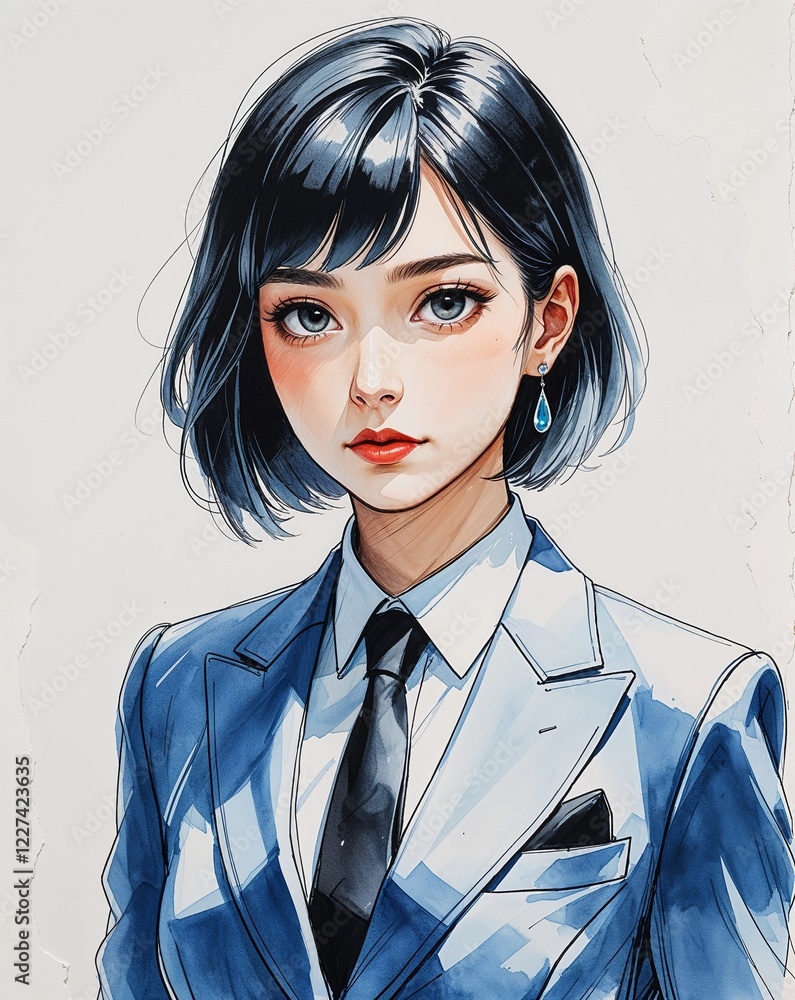 young adult female calm short black hair formal suit watercolor anime style illustration on plain white background young adult female calm short black hair formal suit watercolor anime style illustration on plain white background