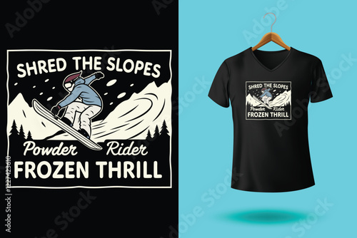 Winter sports t shirt design vector illustration, Snowboarder is having fun riding down a snowy mountainside in a cool, vintage style illustration. This design is perfect for winter sports enthusiasts