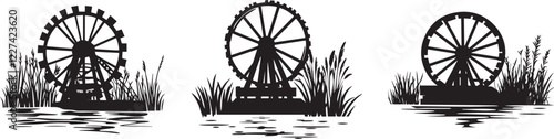 Silhouette of a waterwheel in a wetland area vector silhouette