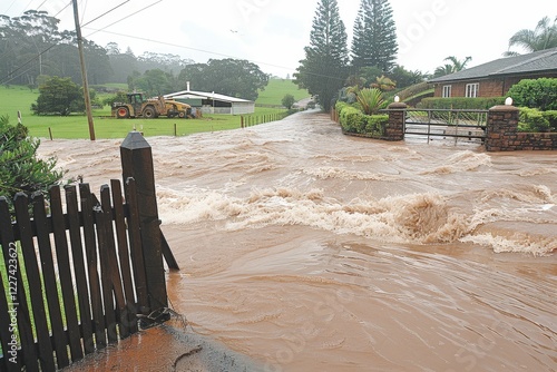 A flooded street with rushing water and a house nearby, showcasing the aftermath of heavy rain and rising water levels. photo