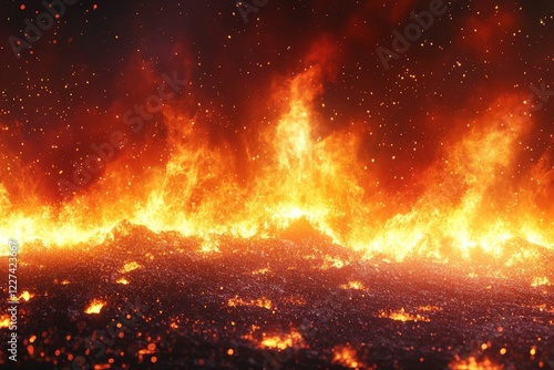 Fiery landscape of molten lava illuminating dark surroundings in a volcanic eruption setting photo