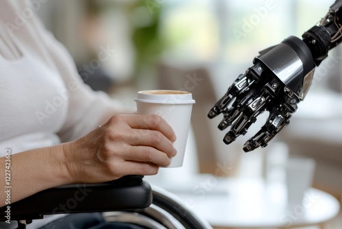 A high-tech robotic arm assists an individual in holding a coffee cup, emphasizing advancements in technology designed to enhance capabilities and improve quality of life for users. photo