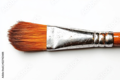 Detailed view of a paintbrush showcasing its bristles and metallic ferrule in a creative workspace photo