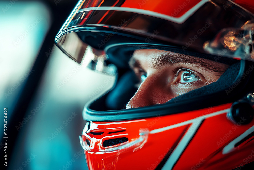 Intense portrait of a focused car racer in a helmet showcasing determination and speed, generative AI Intense portrait of a focused car racer in a helmet showcasing determination and speed, generative AI