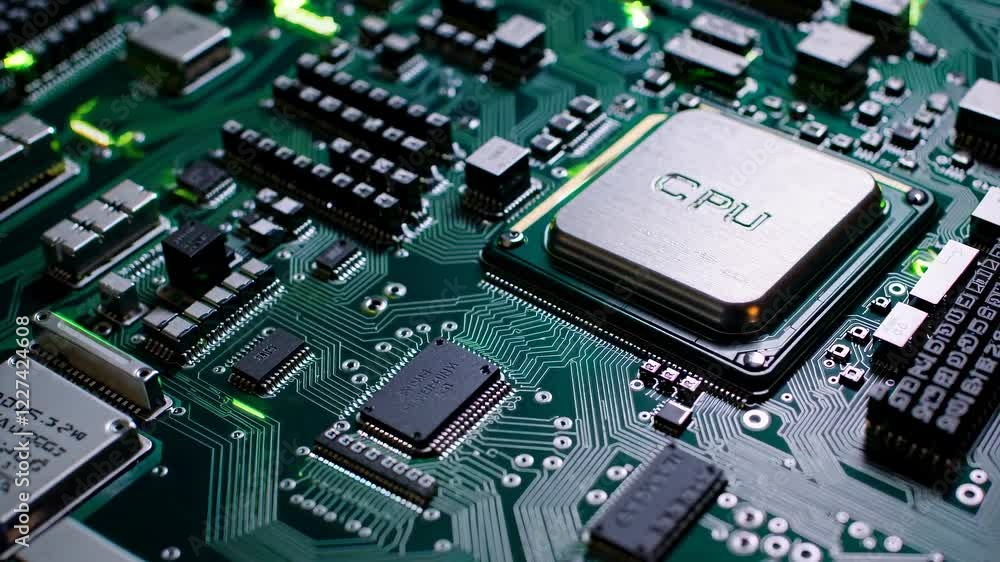 Exploring the intricate details of a computer motherboard with glowing components and high-performance CPU Exploring the intricate details of a computer motherboard with glowing components and high-performance CPU