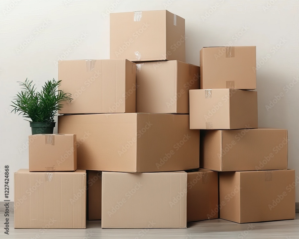Stacked cardboard boxes alongside a small potted plant, creating a minimalist and organized aesthetic in a spacious environment. Stacked cardboard boxes alongside a small potted plant, creating a minimalist and organized aesthetic in a spacious environment.