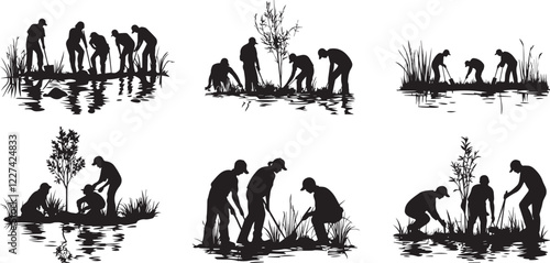 Silhouette of a group of volunteers planting trees in a wetland vector silhouette