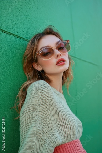 Wallpaper Mural Woman in Sunglasses Leaning Against Green Wall Torontodigital.ca