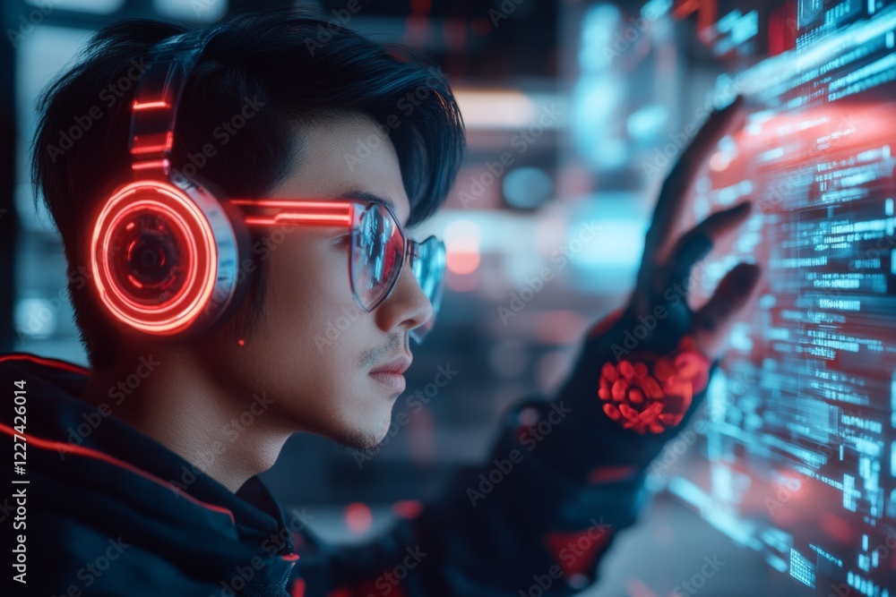 Obraz premium A cyberpunk-inspired scene of a hacker demonstrating how to access a secure digital vault, with glowing neon keyboards and holographic code swirling in a high-tech room