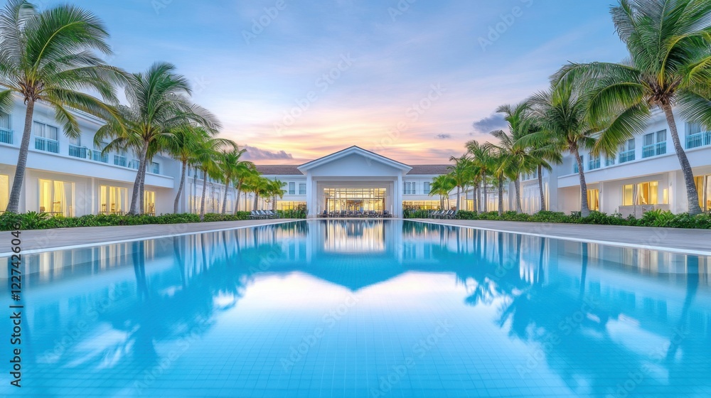 Fototapeta premium A luxurious hotel with a pristine pool surrounded by palm trees