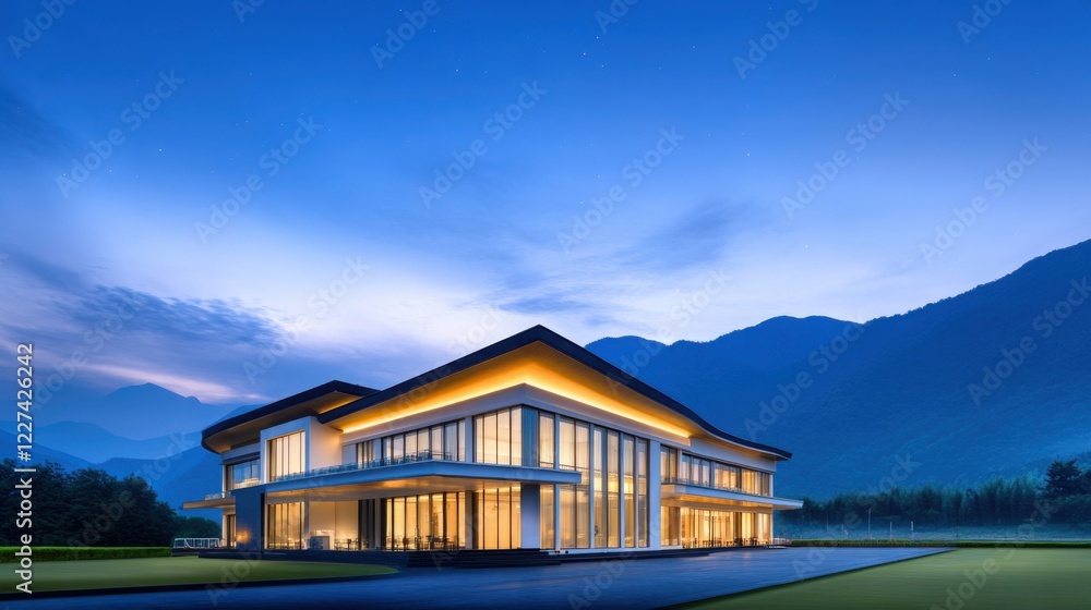A luxurious hotel with stunning mountain views, lit up beautifully at night A luxurious hotel with stunning mountain views, lit up beautifully at night
