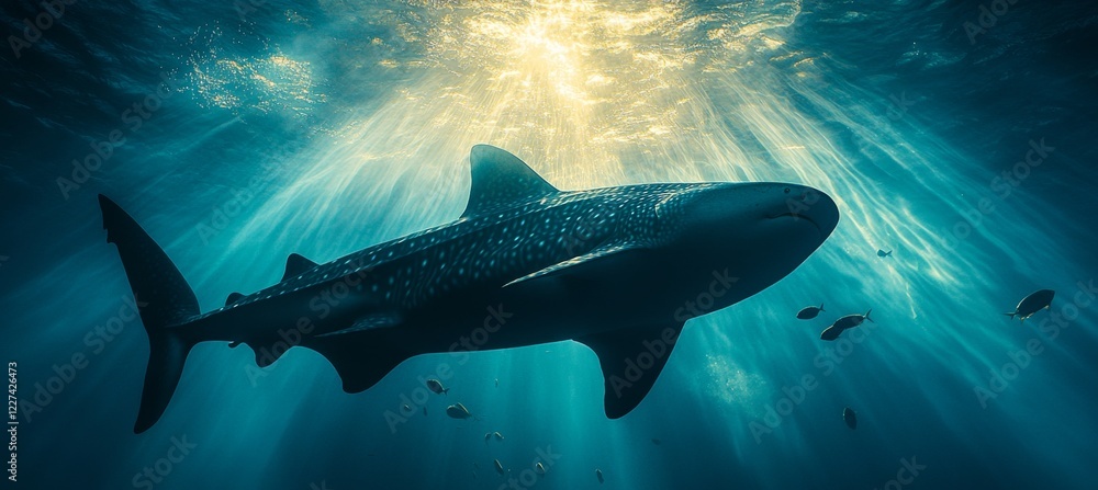 Fototapeta premium Majestic Whale Shark Glides Through Sunbeams in Deep Blue Ocean, Underwater Photography