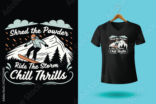 Winter sports t shirt design vector illustration, Snowboarder is having fun riding down a snowy mountainside in a cool, vintage style illustration. This design is perfect for winter sports enthusiasts