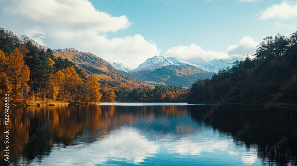 Stunning Mountain Reflection on Calm Lake with Autumn Colors Under Blue Sky Stunning Mountain Reflection on Calm Lake with Autumn Colors Under Blue Sky