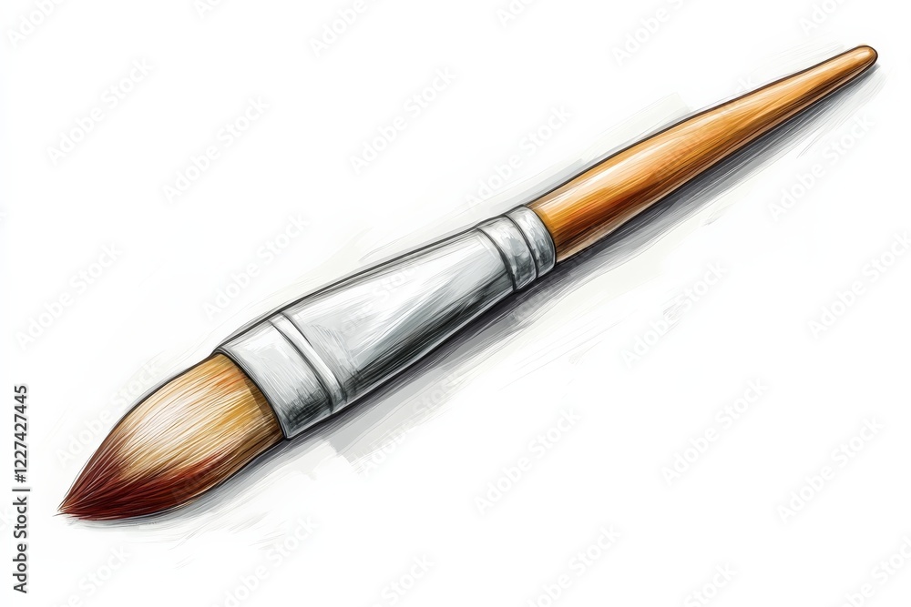 Detailed watercolor brush with a wooden handle resting on a white background showcasing fine bristles Detailed watercolor brush with a wooden handle resting on a white background showcasing fine bristles